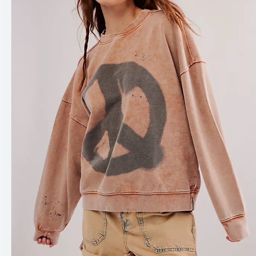 Free People Graphic Brown Crew Neck Sweater